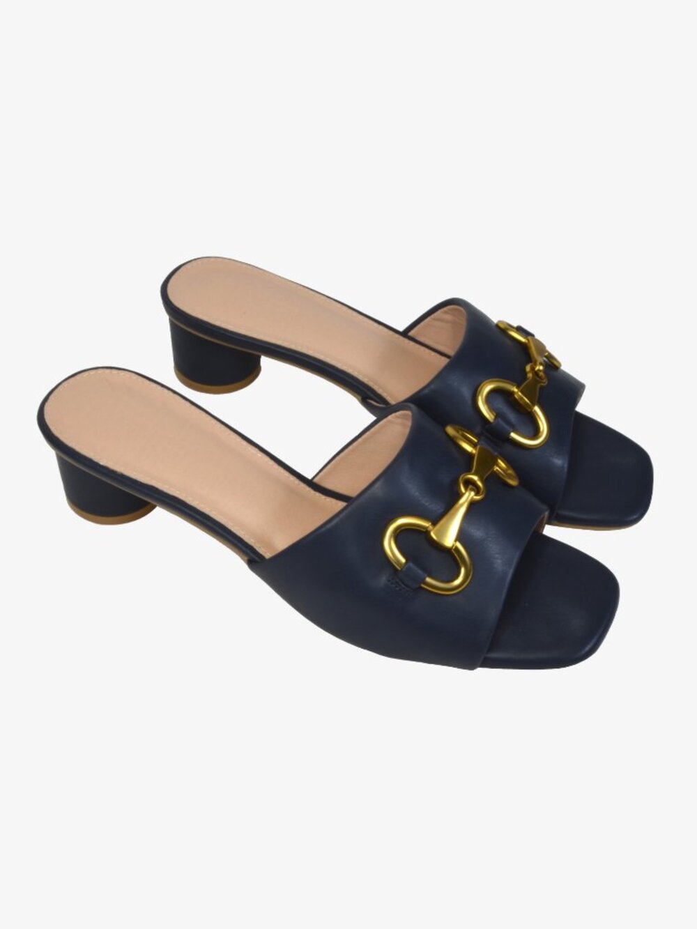 Coutgo Slide Sandals, Chain, Round Block Heel, Square Open Toe, Navy, 10